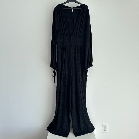 Free People Jumpsuit Small Linen Blend Wide Leg True Lovin One Piece V Neck Boho - Picture 2 of 11